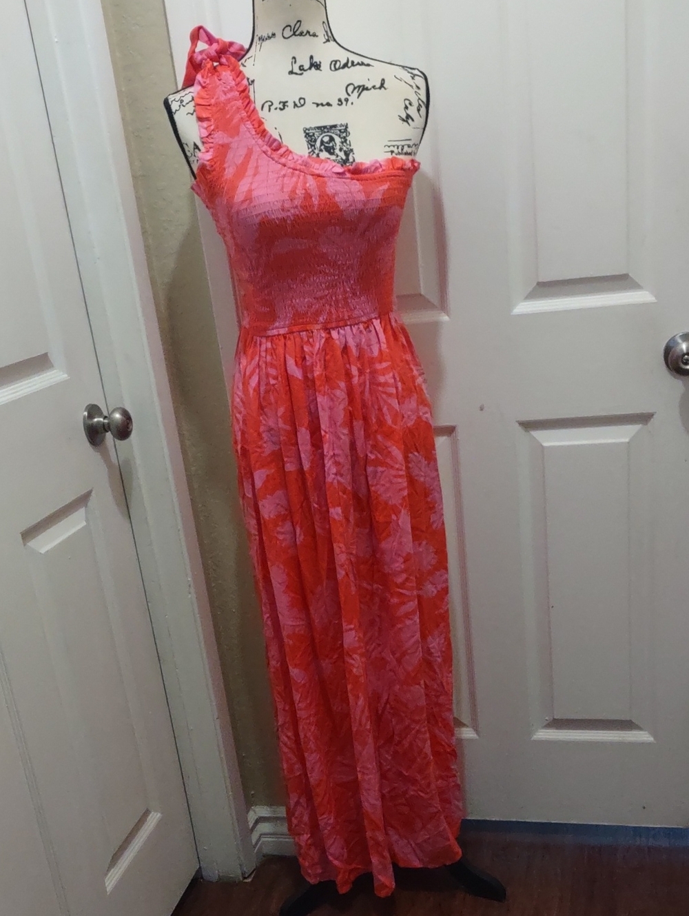 gapra One-Shoulder Coral Pink Floral Maxi Dress Size S